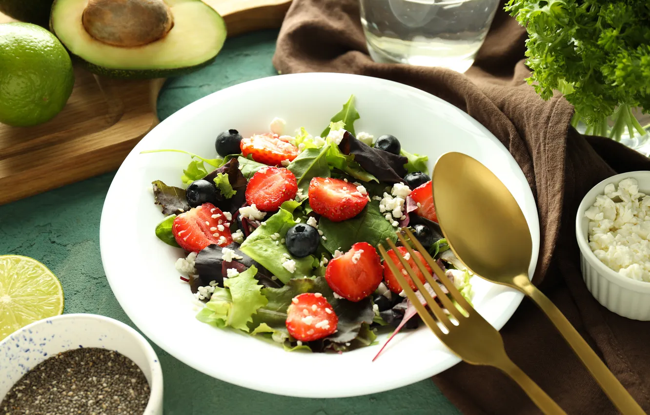 Photo wallpaper table, food, plate, vegetables, salad, submission