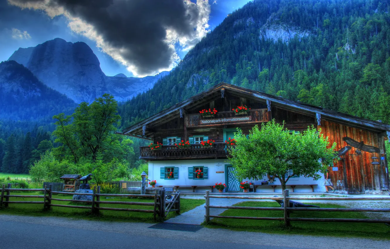 Photo wallpaper mountains, the city, house, photo, the fence, HDR, Germany, Bayern