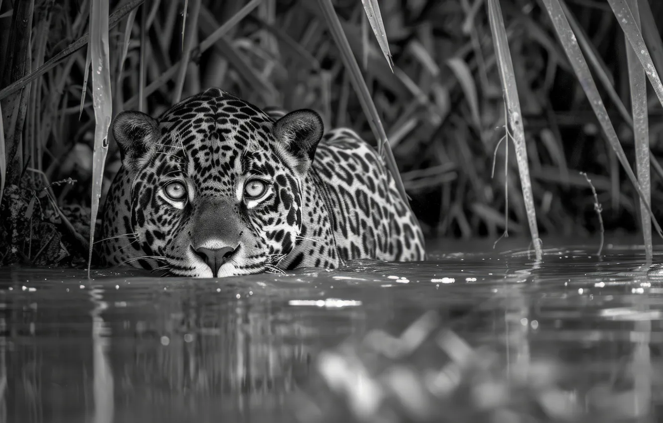 Photo wallpaper Water, Look, Jaguar, Face, Predator, Digital art, Black and white, Big cat