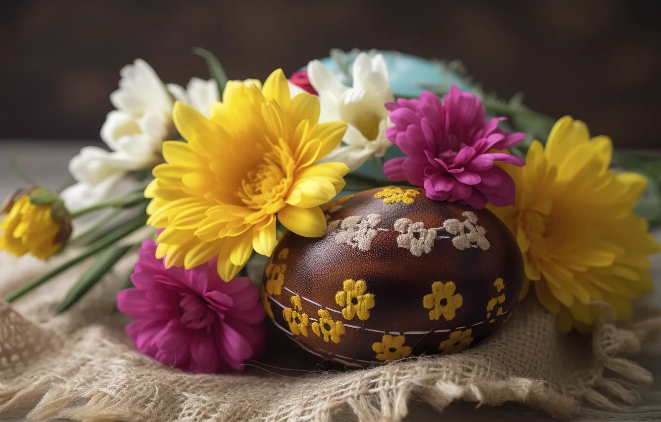 Photo wallpaper flowers, table, holiday, eggs, bouquet, spring, Easter, a bunch