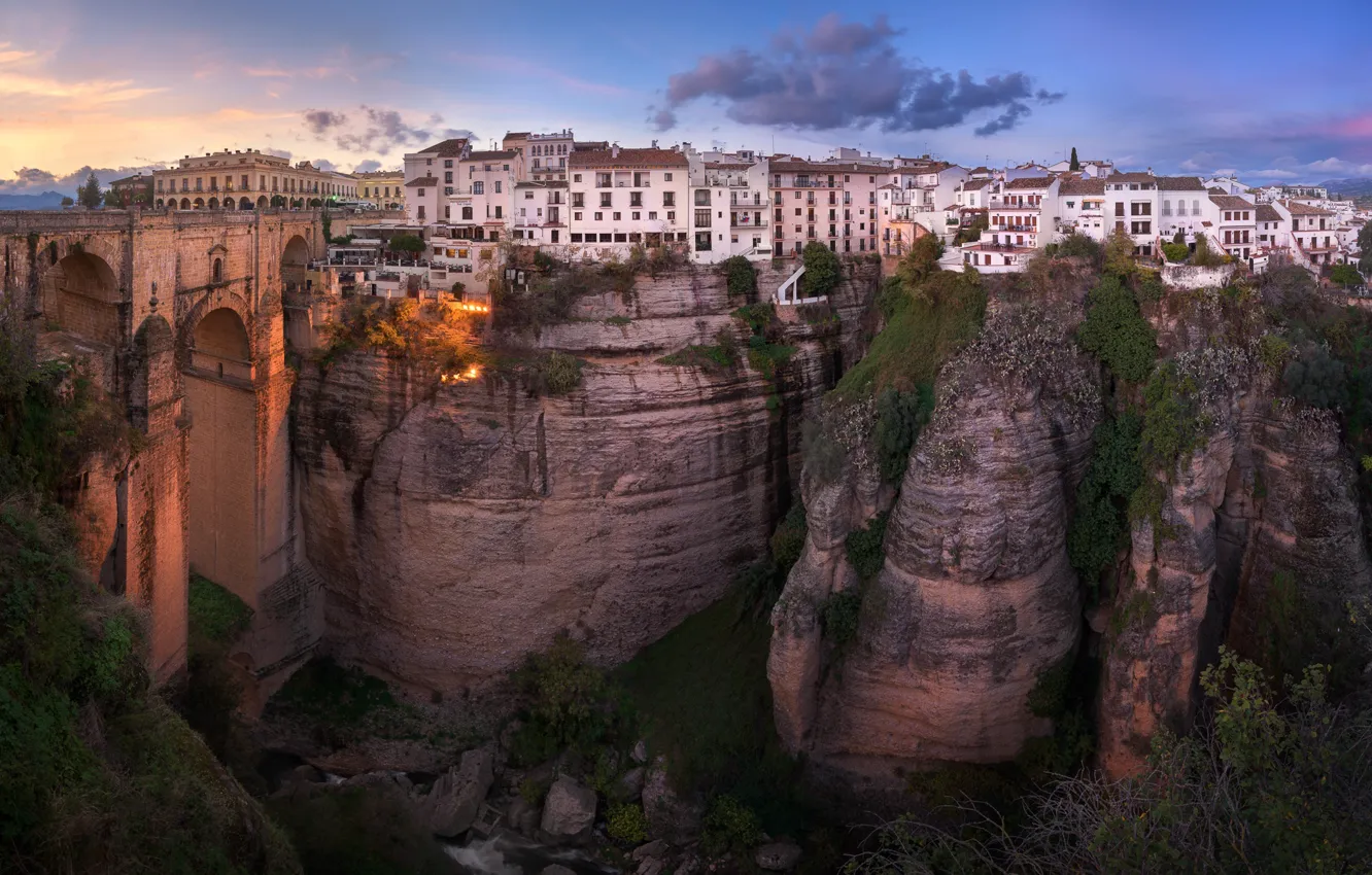 Photo wallpaper landscape, bridge, the city, rocks, home, the evening, gorge, Spain