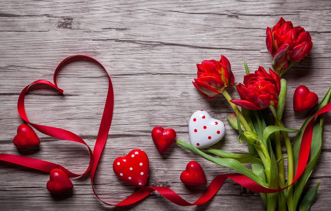 Photo wallpaper tape, red, love, buds, heart, flowers, romantic, tulips