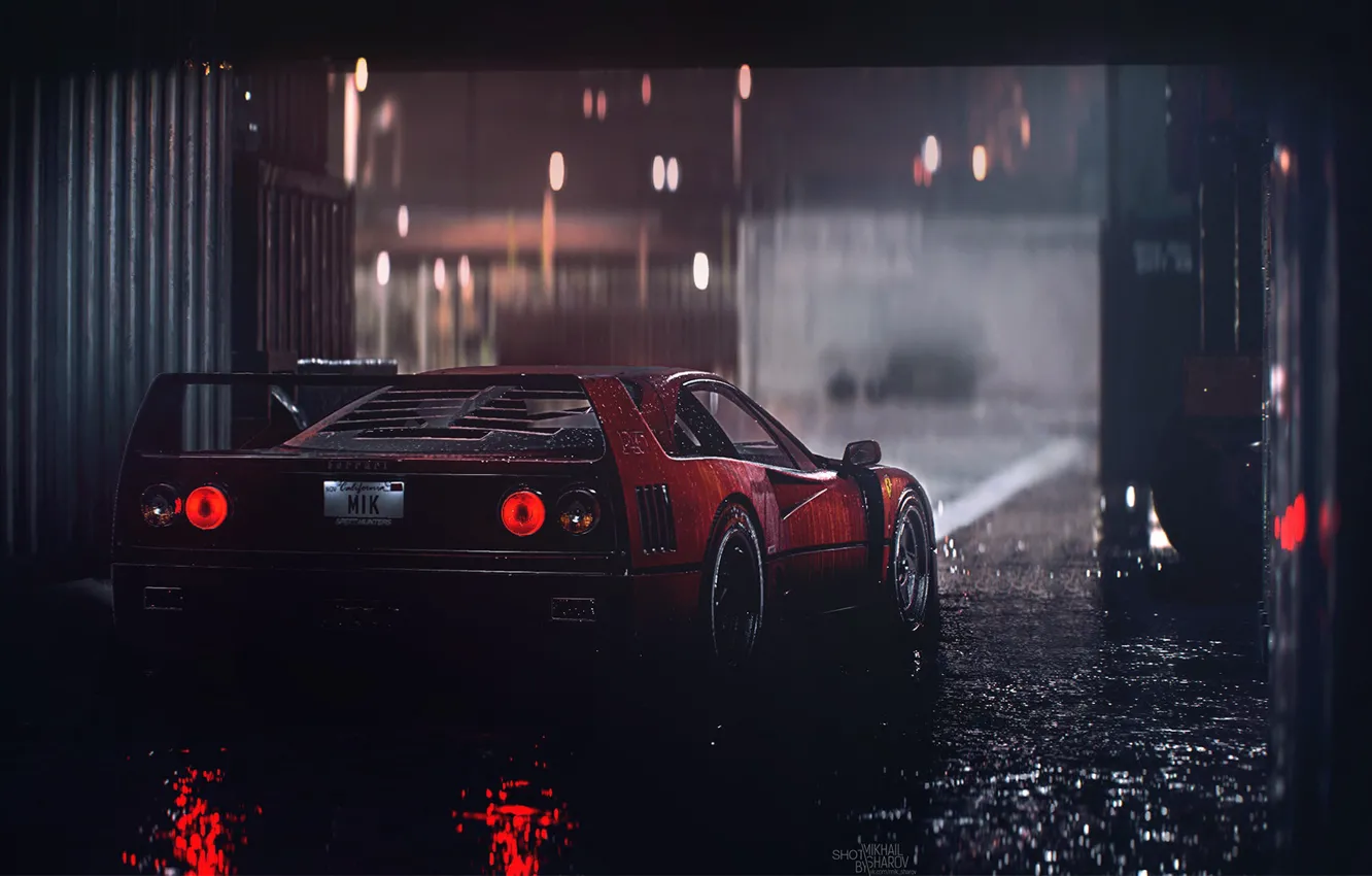Photo wallpaper machine, auto, red, rendering, rain, Ferrari, supercar, F40