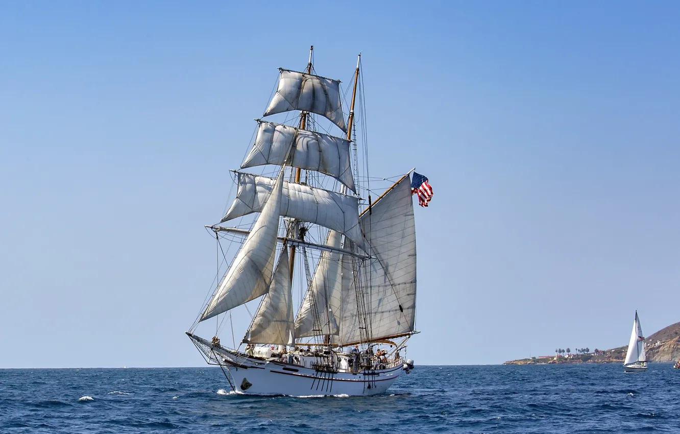 Photo wallpaper sea, ship, sailboat, flag, sails