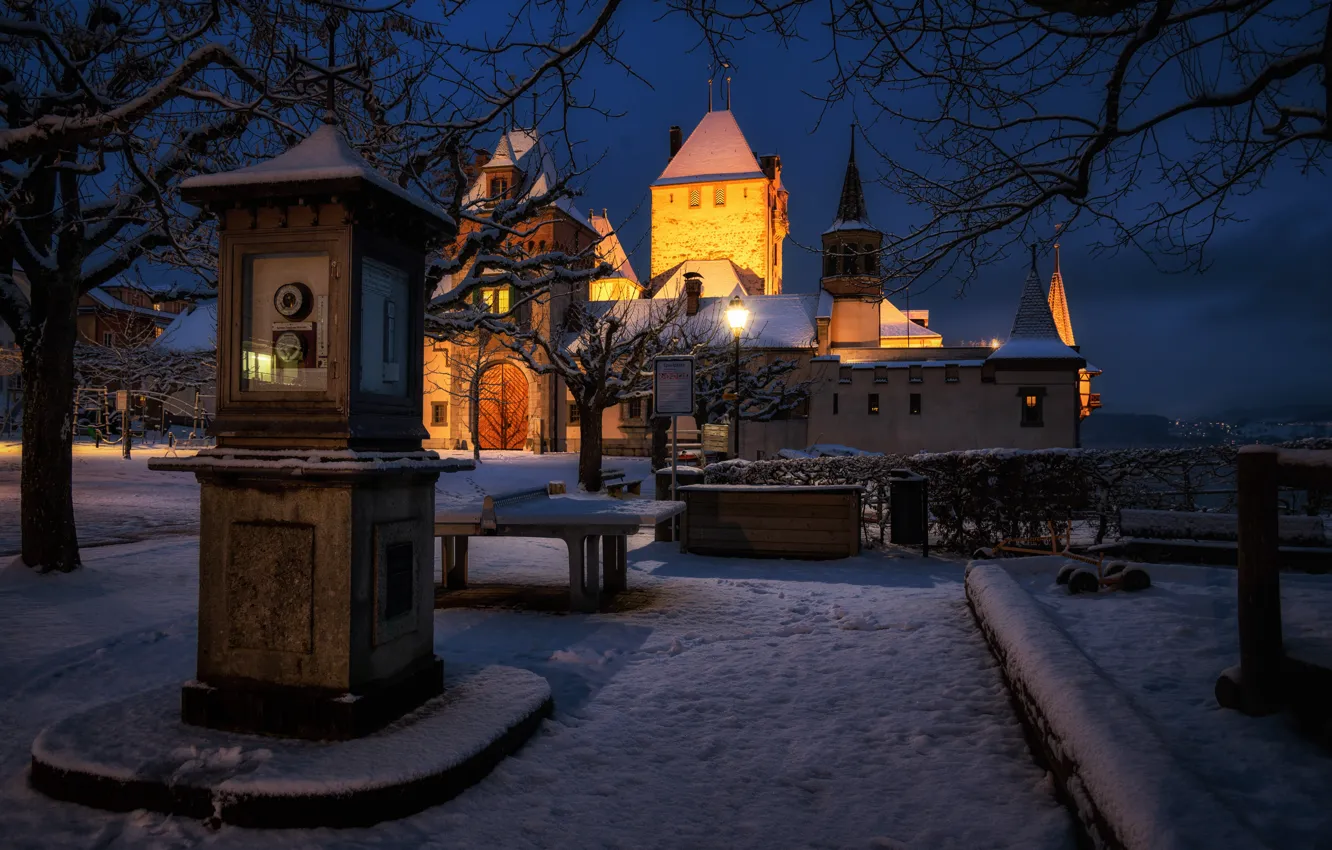 Photo wallpaper winter, snow, castle, Switzerland, night city, Switzerland, weather station, Oberhofen Castle