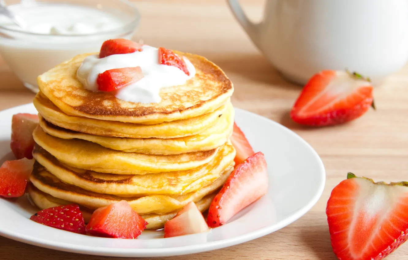 Photo wallpaper strawberry, pancakes, pancakes, sour cream