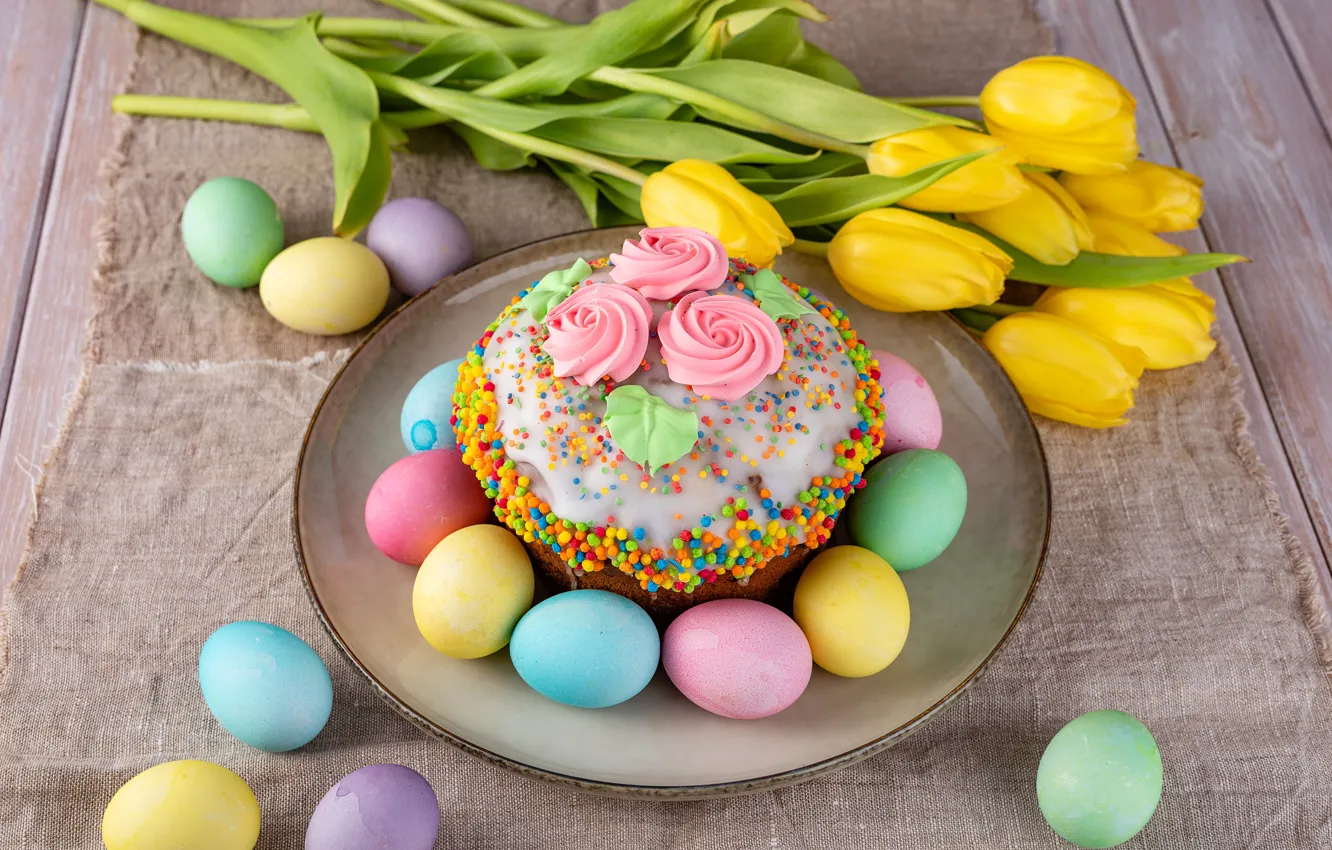 Photo wallpaper eggs, Easter, tulips, cake
