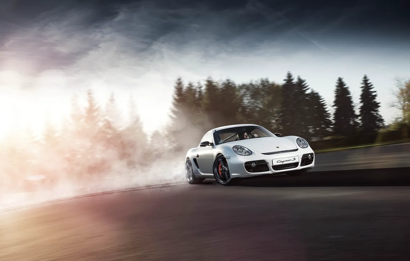 Photo wallpaper Porsche, White, Smoke, Supercar, Cayman S, Skid, Drifting