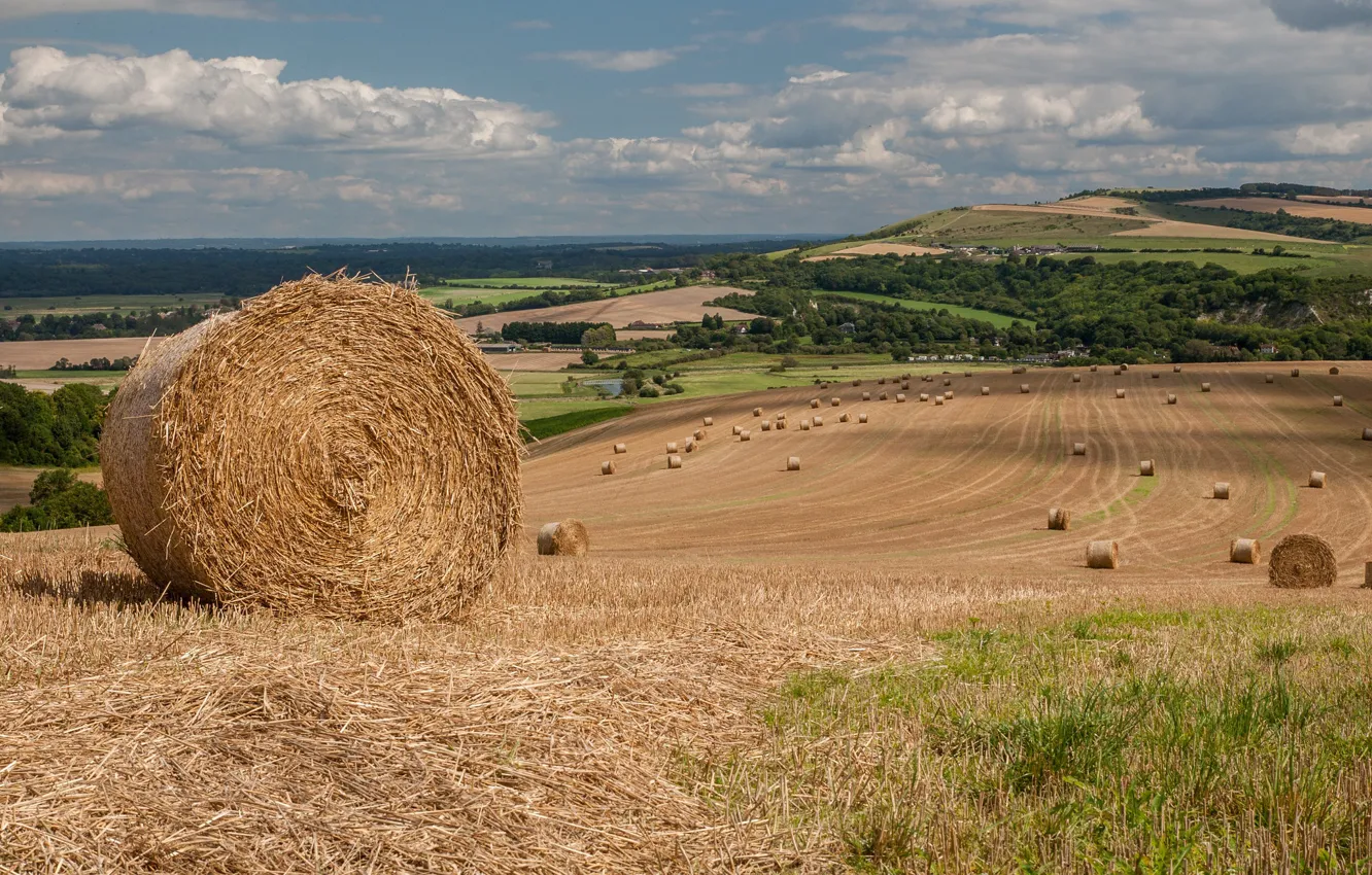 Photo wallpaper field, the sky, clouds, hills, dal, slope, hay, bales