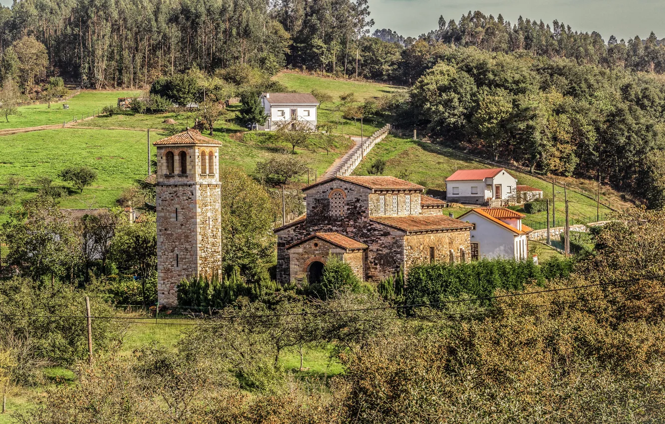 Photo wallpaper forest, trees, Church, temple, Spain, Spain, Temples, San Pedro de Nora, Asturias