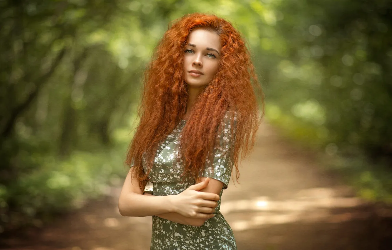 Photo wallpaper look, girl, pose, hands, red, curls, redhead, long hair