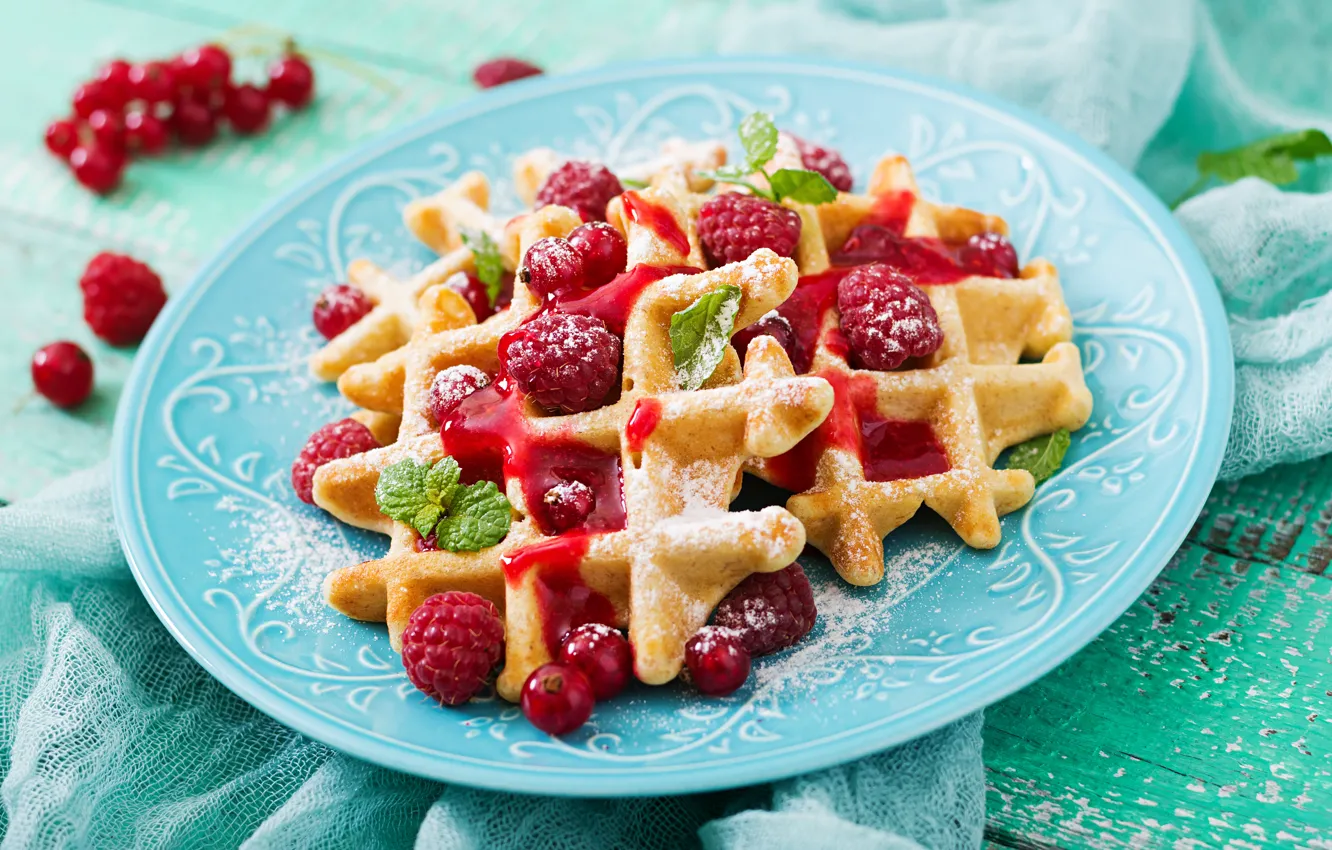 Photo wallpaper berries, raspberry, powdered sugar, Waffles