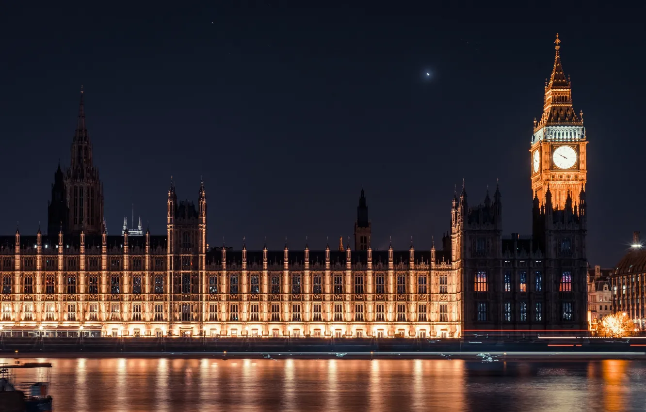 Photo wallpaper lights, London, the evening, Thames, Big Ben, Parliament