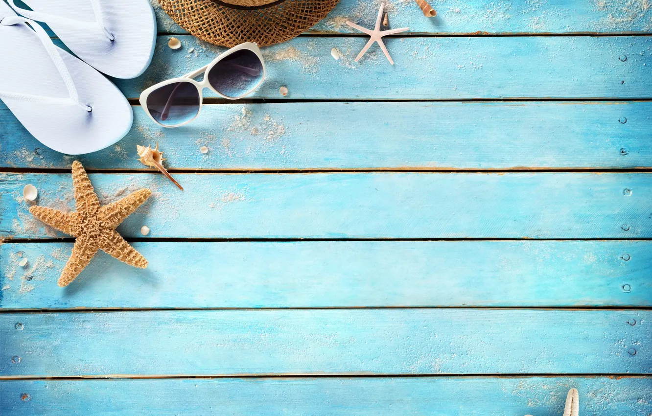 Photo wallpaper beach, summer, stars, stay, hat, glasses, shell, summer
