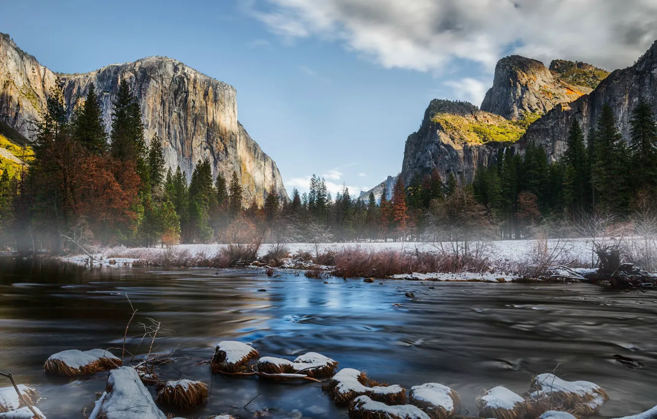 Photo wallpaper mountains, river, stones, Yosemite