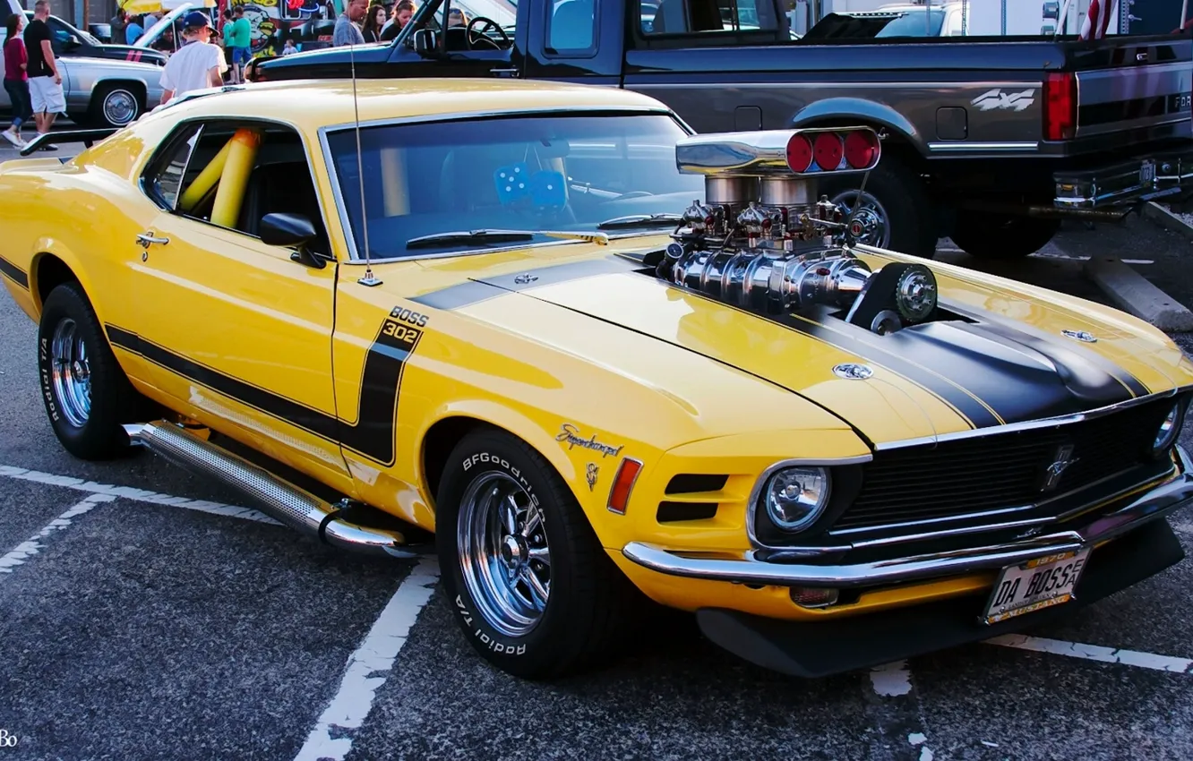 Photo wallpaper yellow, Mustang, Ford, muscle car, 1970 Ford Mustang
