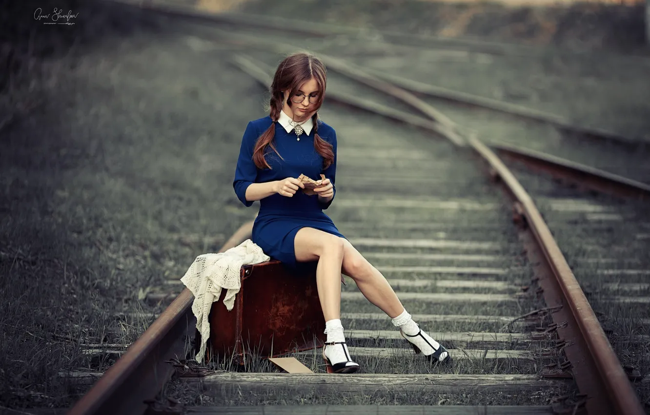 Photo wallpaper girl, rails, railroad, suitcase, Anna Shuvalova