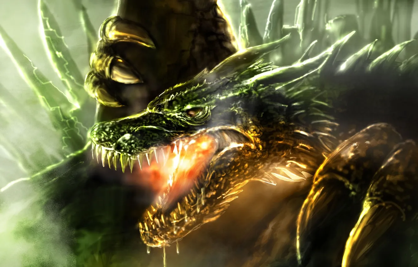 Photo wallpaper lights, rocks, dragon, head, art, rage, mouth, lizard