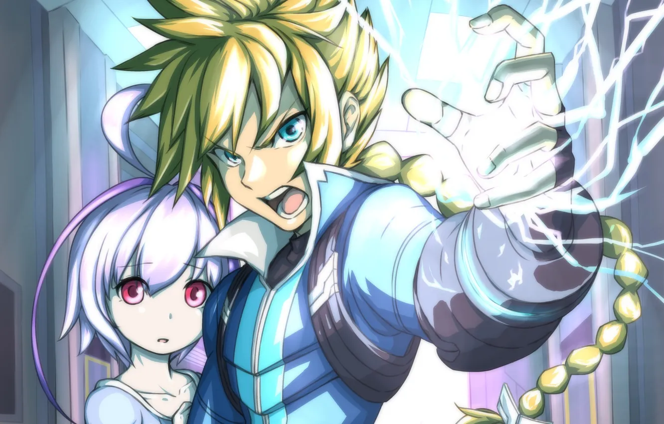 Photo wallpaper girl, magic, anime, art, guy, gunvolt, yoshitatsu ousuks, Joule