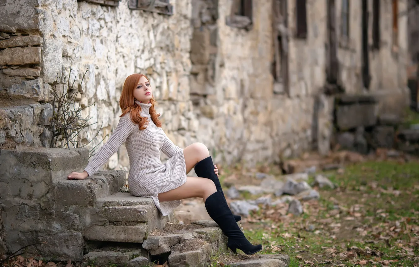 Photo wallpaper legs, the beauty, redhead, sweater, Melis