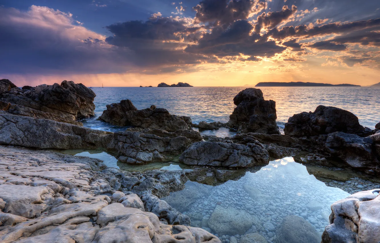 Photo wallpaper sea, clouds, sunset, stones, coast