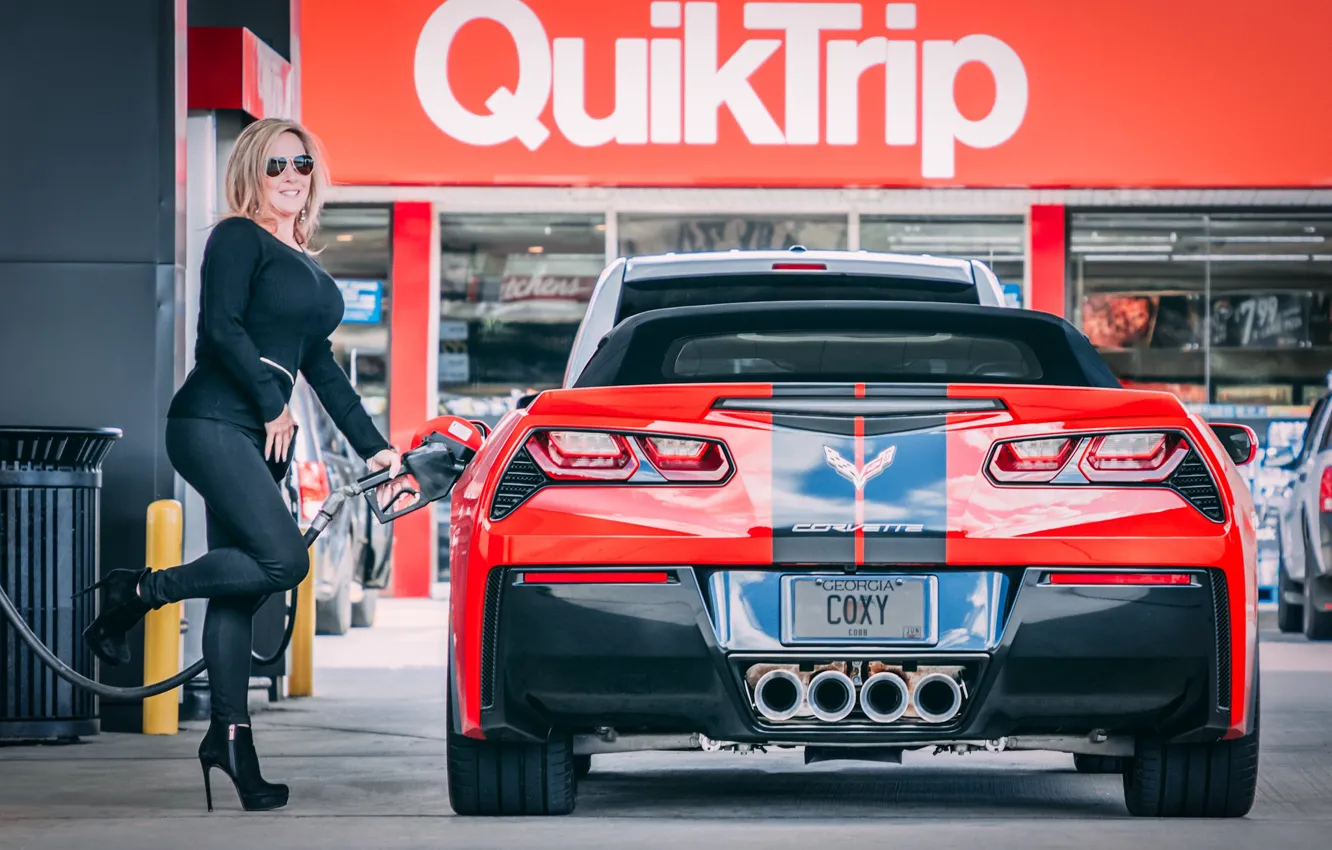 Photo wallpaper Corvette, Chevrolet, red, girl