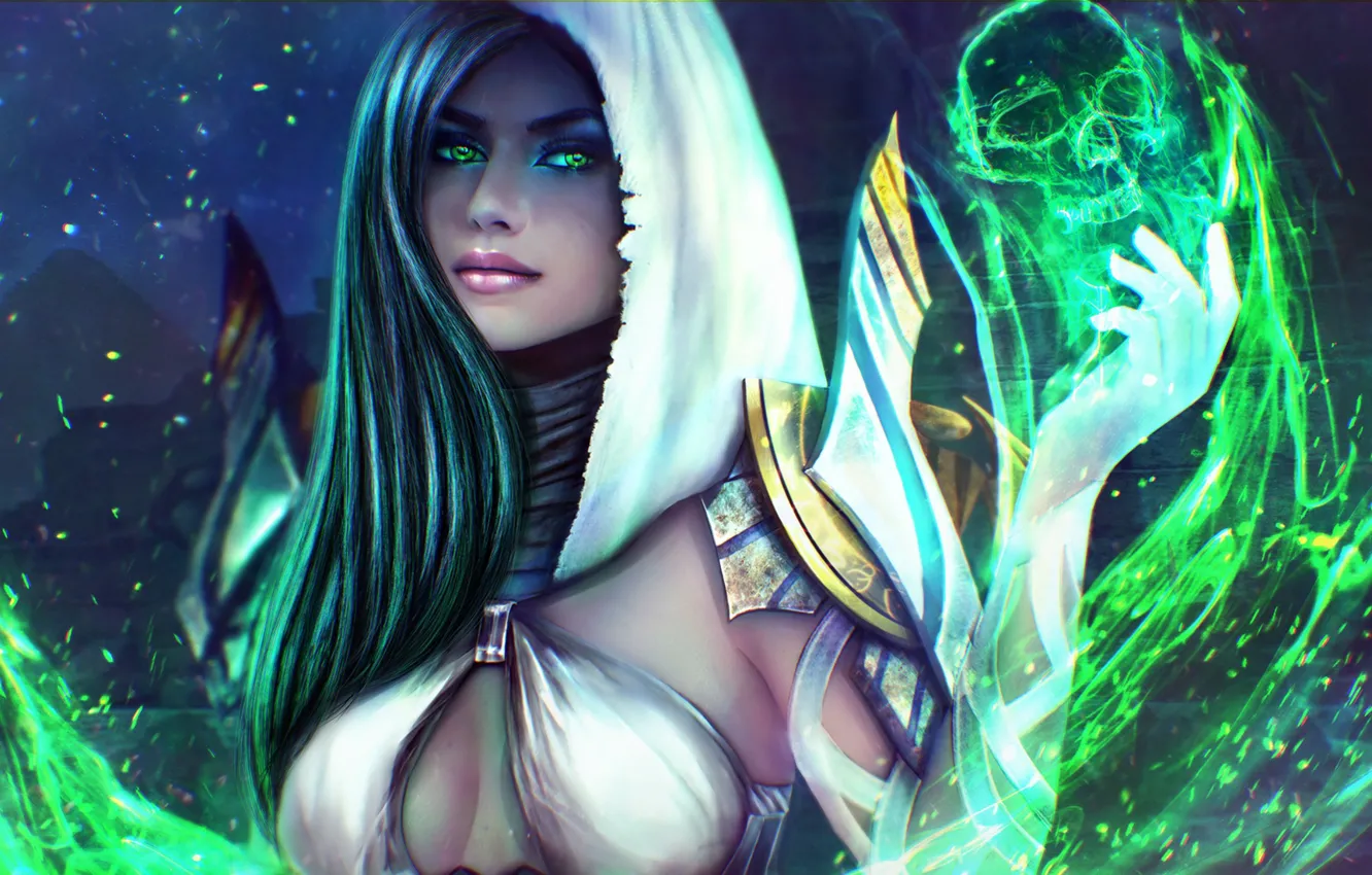 Photo wallpaper look, girl, face, fiction, hair, skull, hands, art