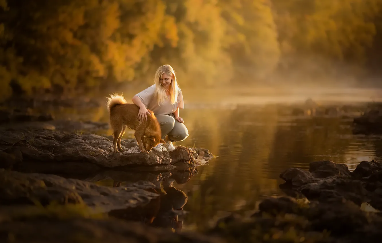 Photo wallpaper autumn, girl, lake, dog