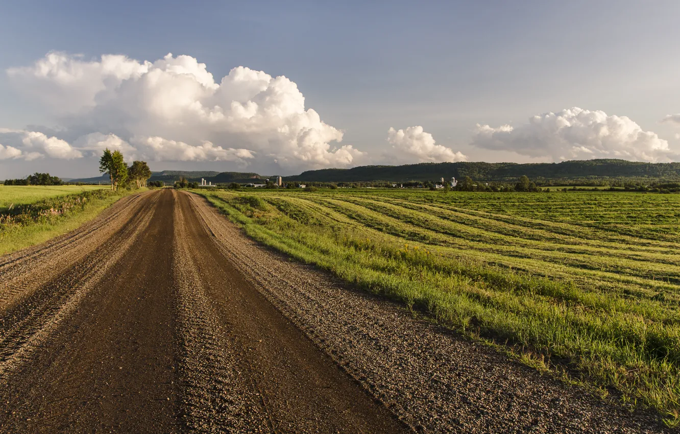 Photo wallpaper road, field, clouds
