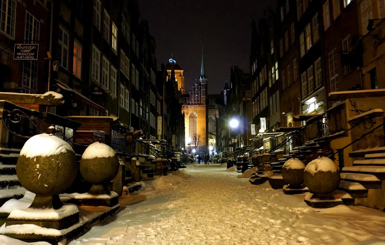 Photo wallpaper winter, night, street, home, Poland, Gdansk