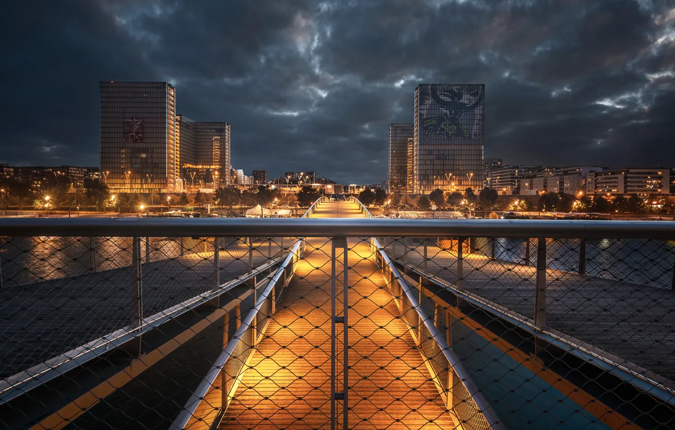 Photo wallpaper the sky, trees, night, clouds, bridge, the city, lights, river