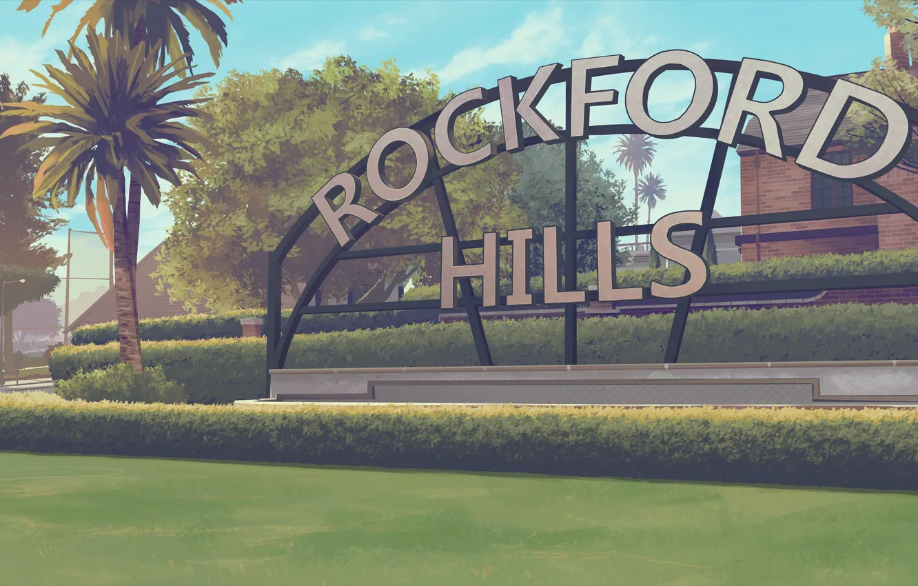 Photo wallpaper the sky, grass, clouds, trees, letters, palm trees, building, art