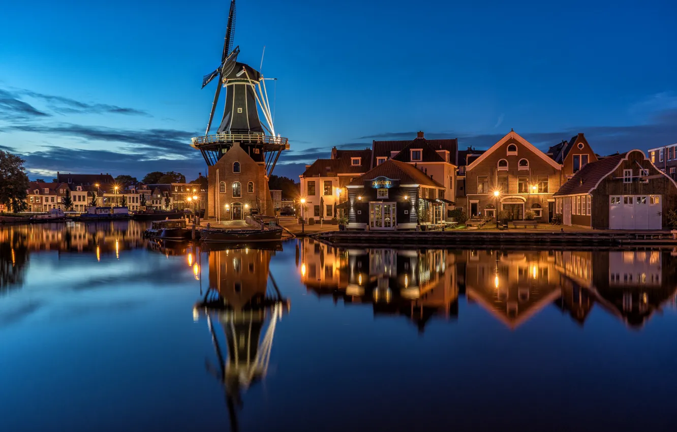 Photo wallpaper night, lights, Netherlands, Holland, Netherlands, North Holland, Haarlem, Mill "De Adriaan"