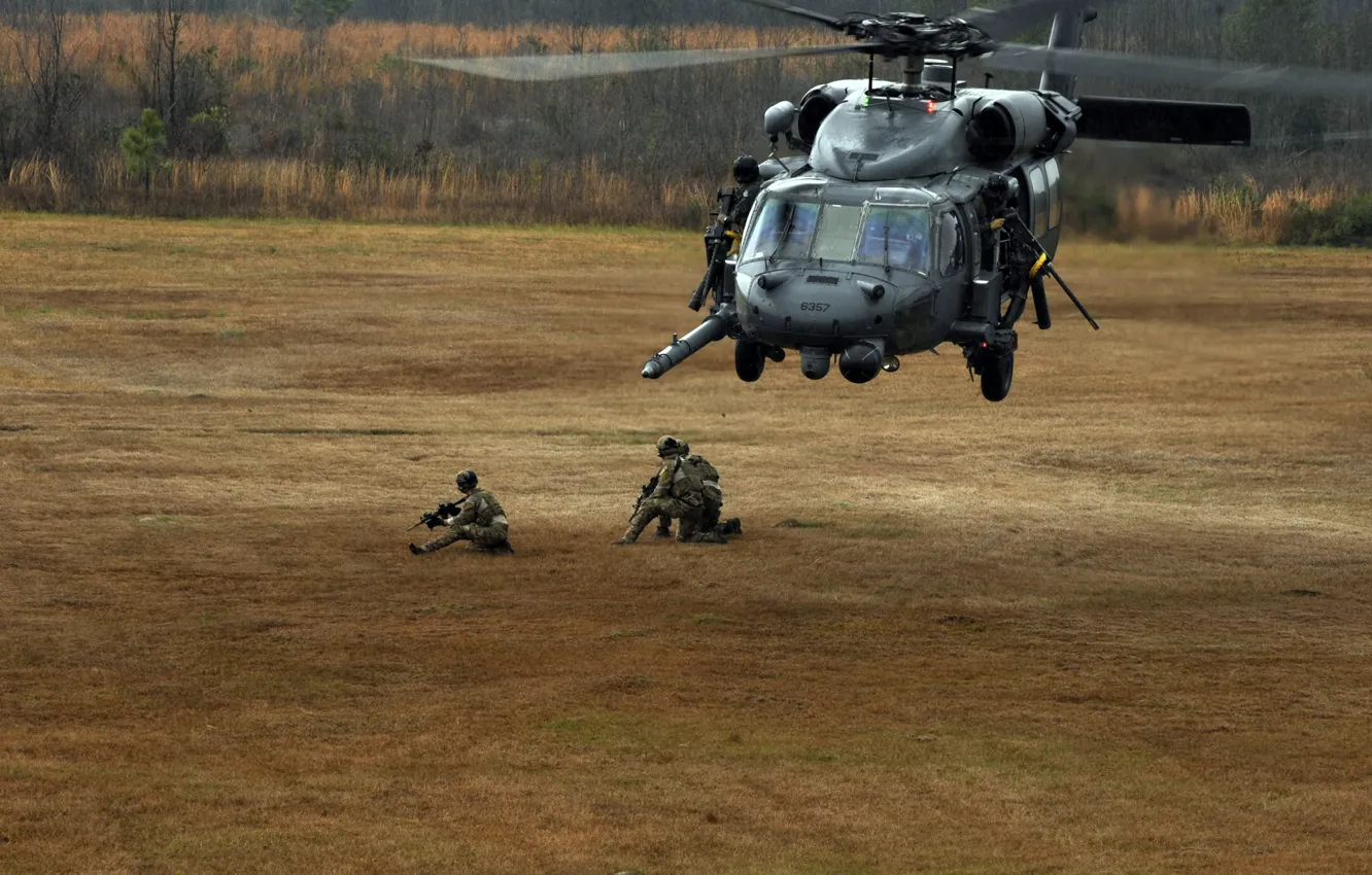 Photo wallpaper helicopter, soldiers, exercises, UNITED STATES AIR FORCE, HH-60G, Pave Hawk, landing