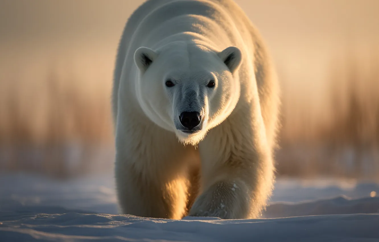 Photo wallpaper winter, light, snow, the snow, walk, polar bear, digital art, AI art
