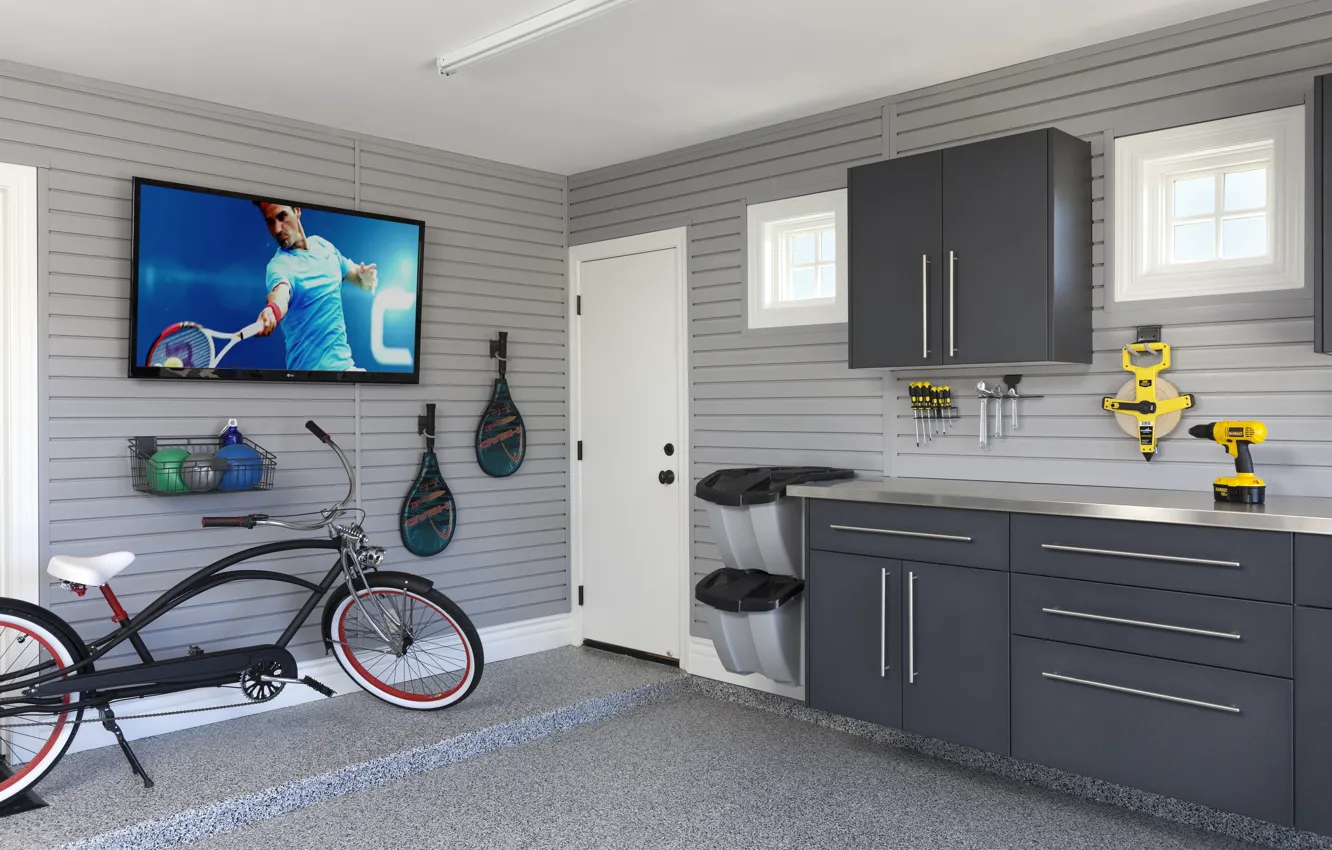 Photo wallpaper bike, room, interior, TV, workshop