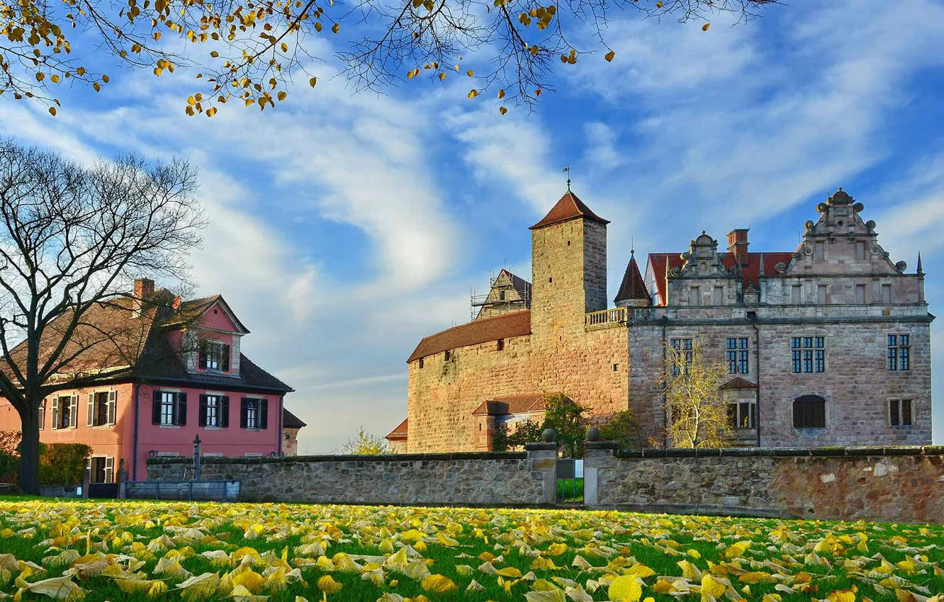 Photo wallpaper autumn, grass, leaves, castle, Germany, Bayern, Cadolzburg