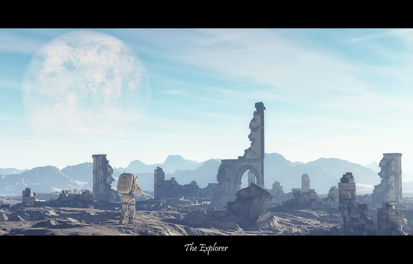 Photo wallpaper space, the city, planet, astronaut, ruins, The explorer