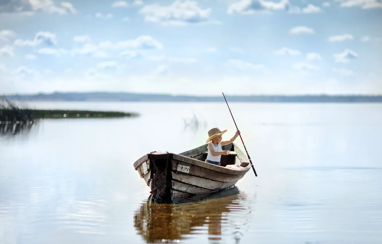 Photo wallpaper nature, children, lake, boat, fishing, fisherman, boy, baby