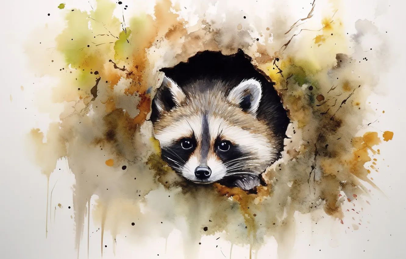 Photo wallpaper look, trees, divorce, watercolor, raccoon, white background, blots, painting