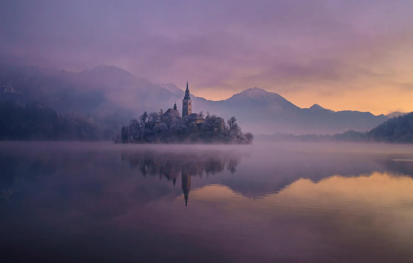 Photo wallpaper winter, forest, lake, castle, dawn, island, haze
