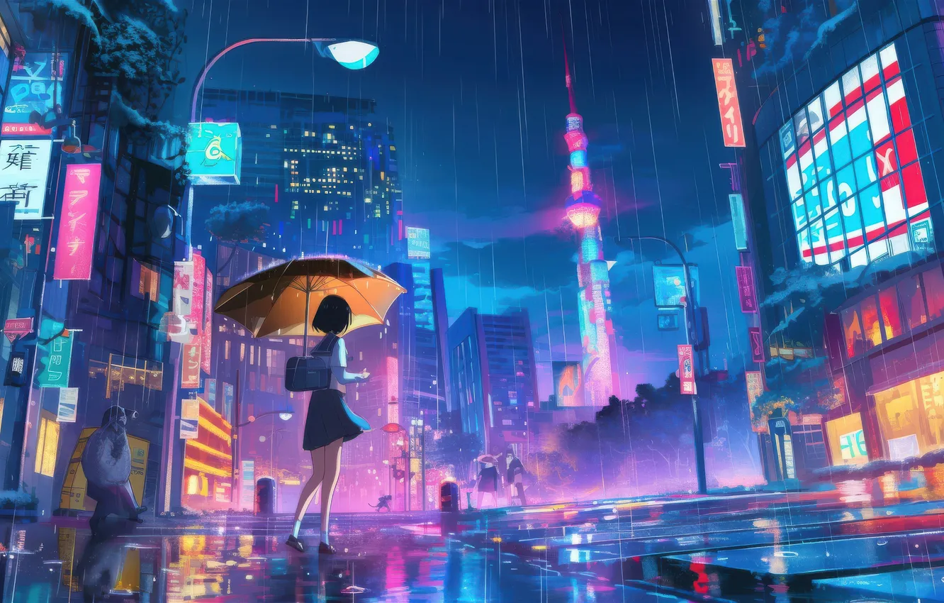 Photo wallpaper girl, anime, girl, anime, short hair, rainy day, Rainy day, Crossing Street