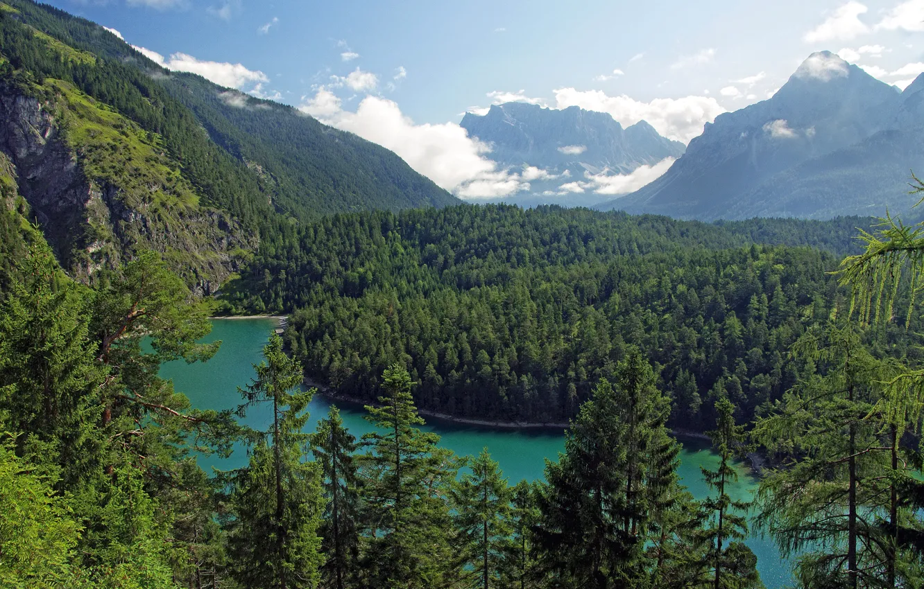 Photo wallpaper forest, clouds, trees, mountains, river, Austria, Tirol