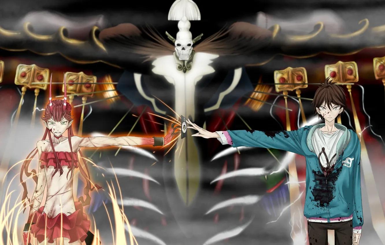 Photo wallpaper girl, blood, money, art, horns, guy, wounds, asset