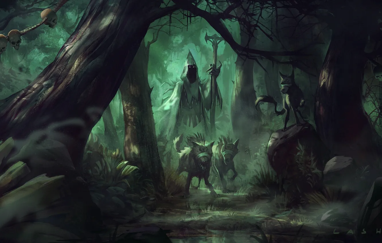 Photo wallpaper forest, skull, wolf, twilight, art
