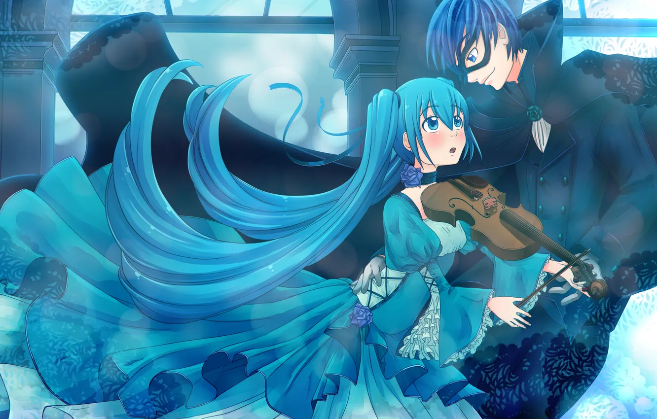Photo wallpaper girl, smile, music, mood, violin, dance, guy, vocaloid
