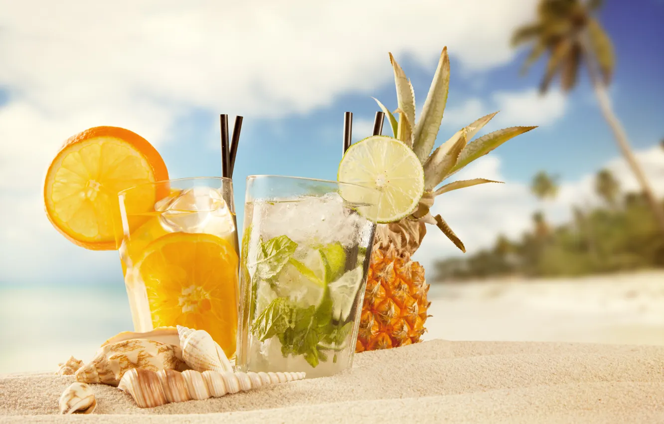 Photo wallpaper sand, sea, beach, shell, pineapple, cocktails