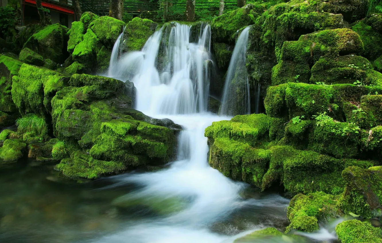 Photo wallpaper nature, stones, waterfall, moss