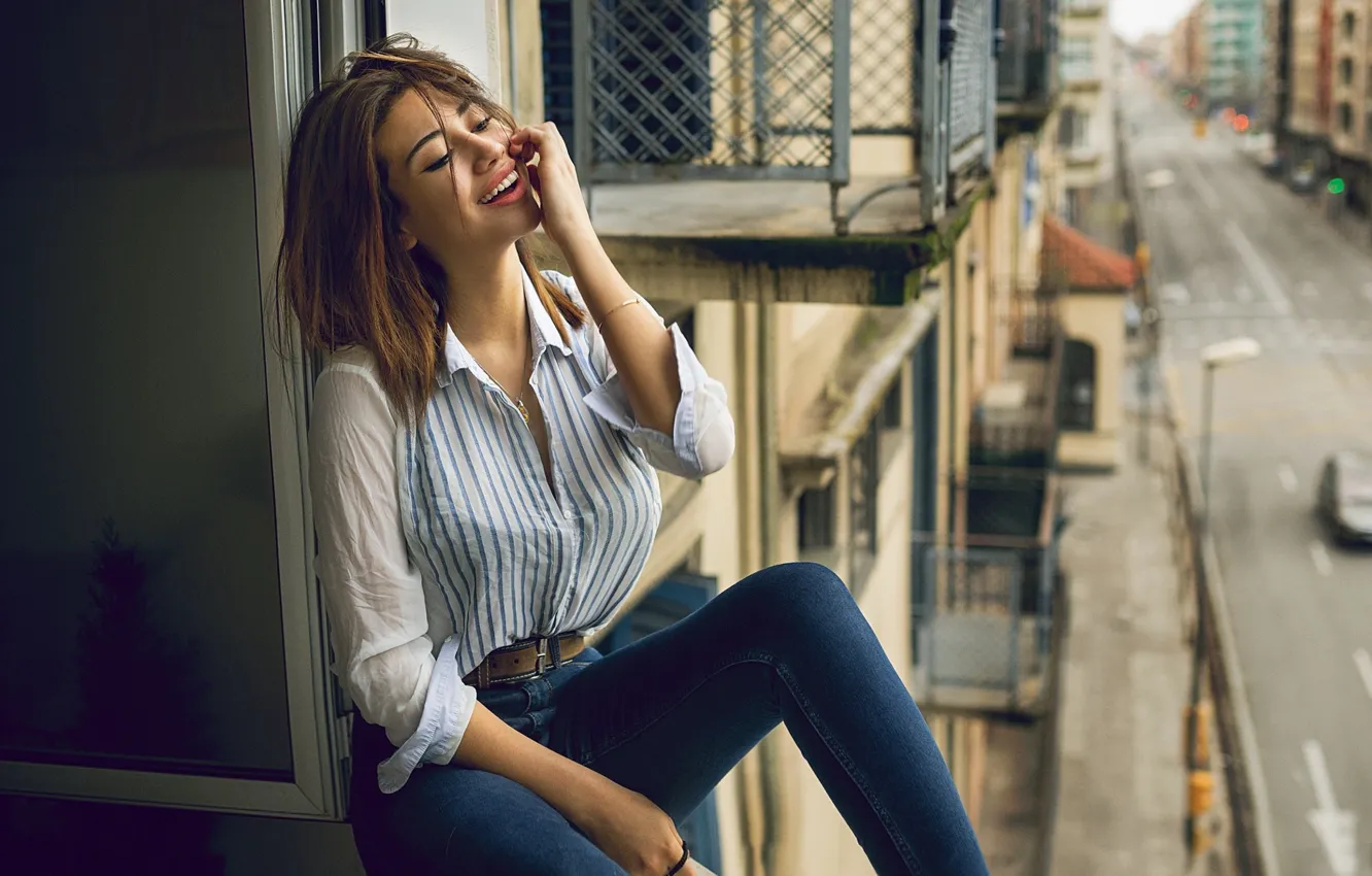 Photo wallpaper girl, street, model, hair, window, blouse, DAVID MAS