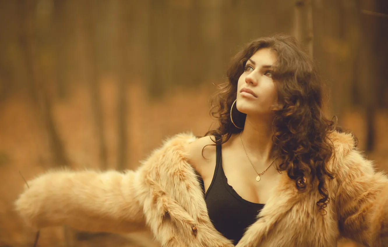 Photo wallpaper autumn, forest, chest, look, girl, nature, pose, Park